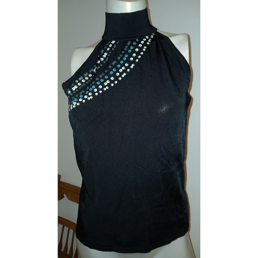 Cache` Deep Armhole High Neck Black Sequins Tank Sexy Curvy Summer Top Medium